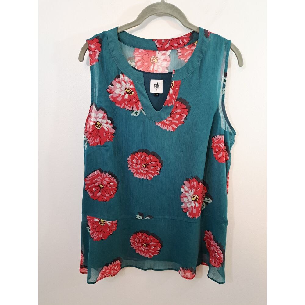 Cabi Floral Peplum Tank Top Womens Size M Teal Blue Pink Chiffon Blouse EUC